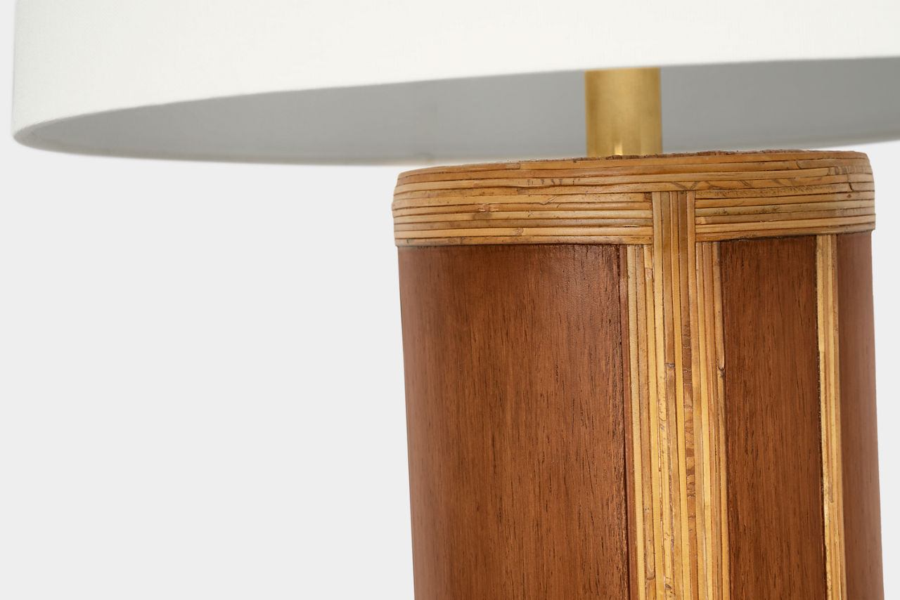 Lignum Medium Table Lamp | Dark Oak and Dark Rattan | Linen Shade