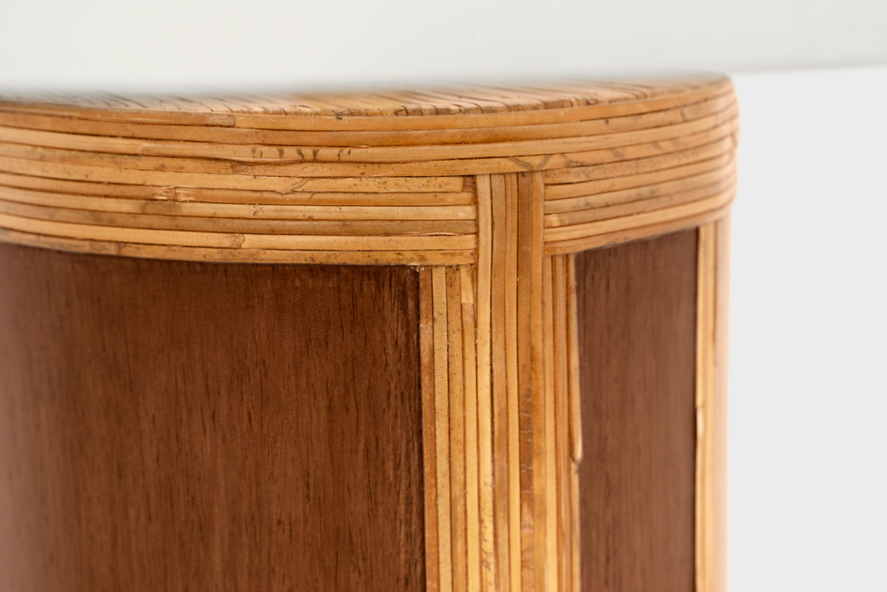 Lignum Medium Table Lamp | Dark Oak and Dark Rattan | Linen Shade