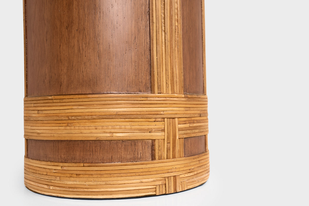 Lignum Medium Table Lamp | Dark Oak and Dark Rattan | Linen Shade