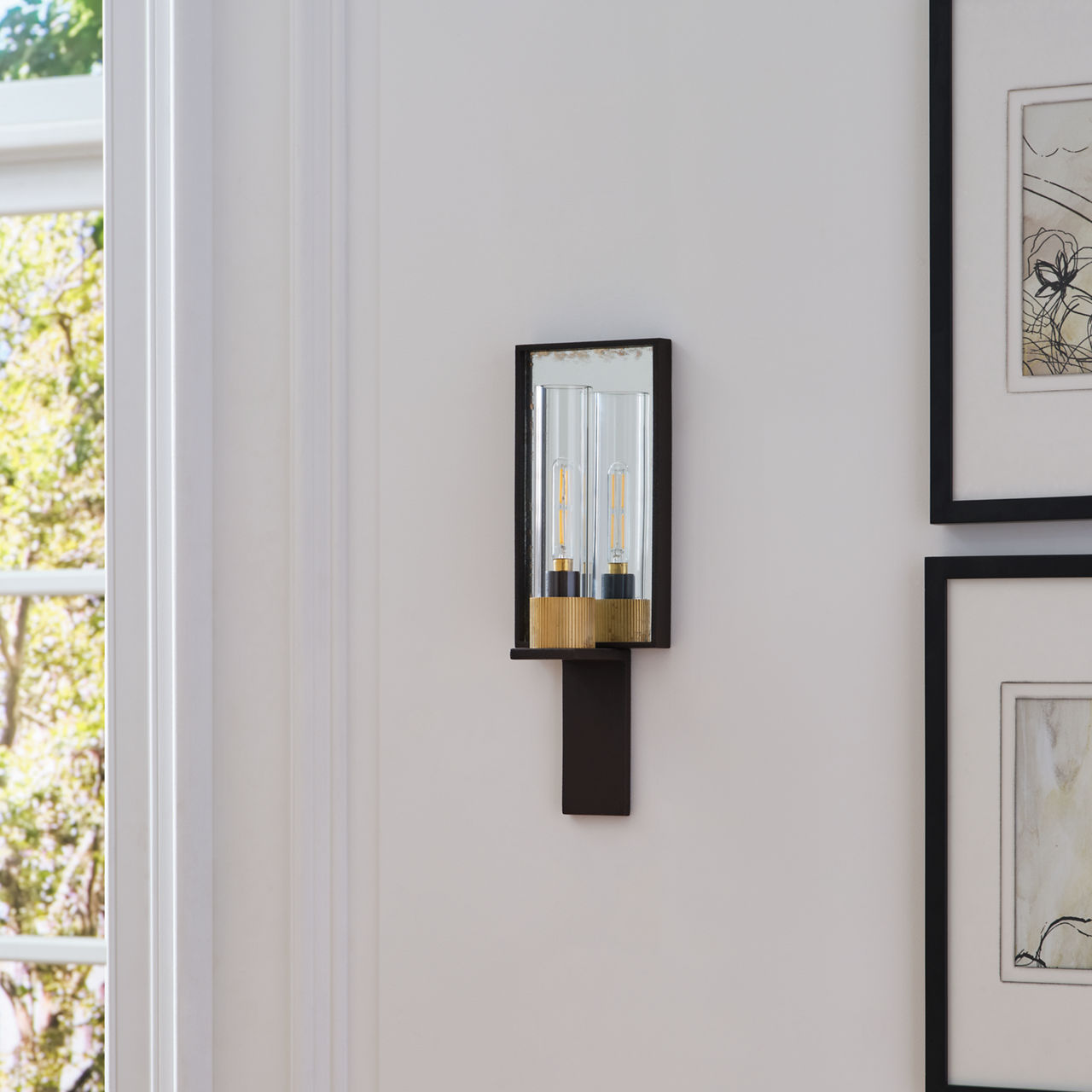 Beza Single Reflector Sconce | Warm Iron and Antique Mirror | Clear Glass