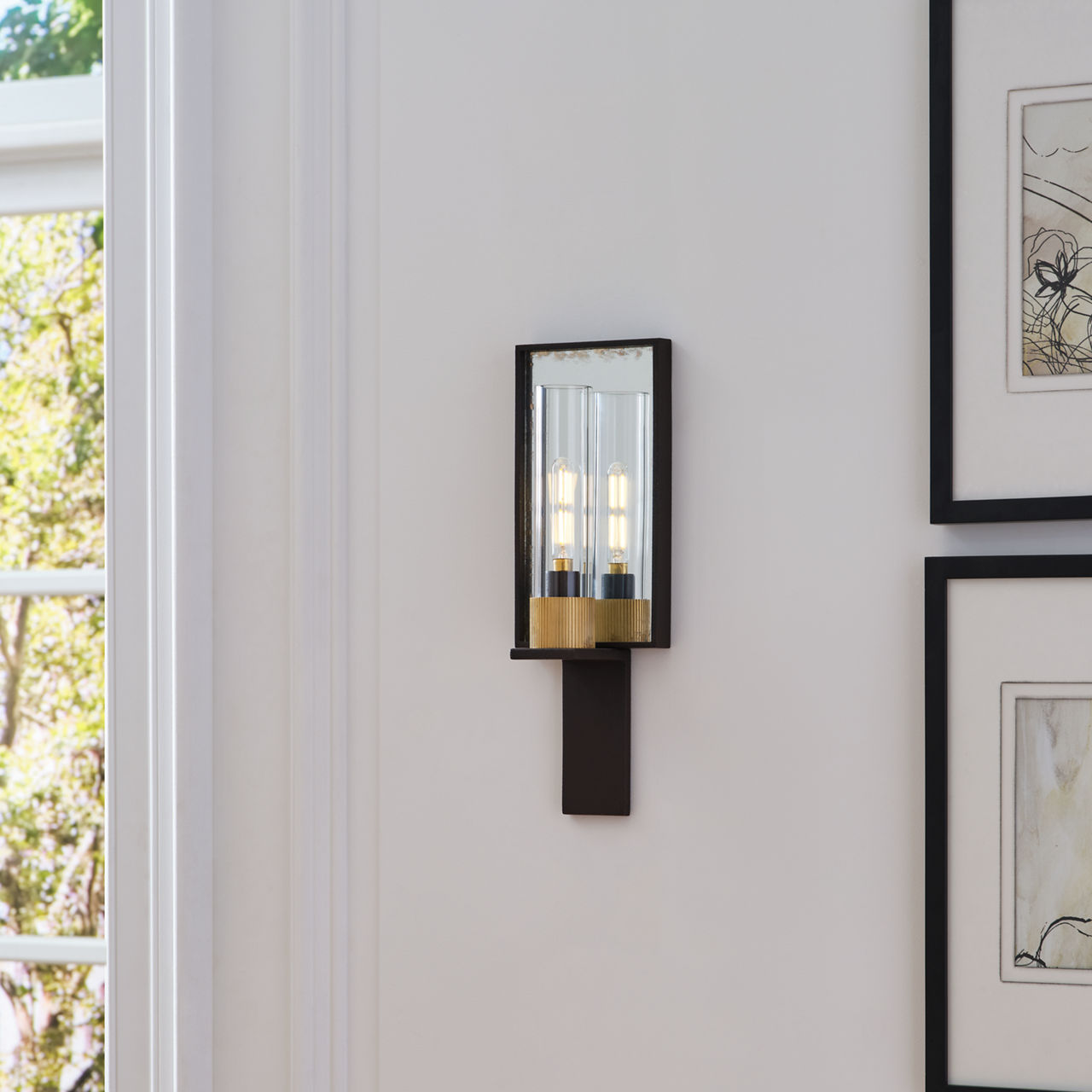 Beza Single Reflector Sconce | Warm Iron and Antique Mirror | Clear Glass