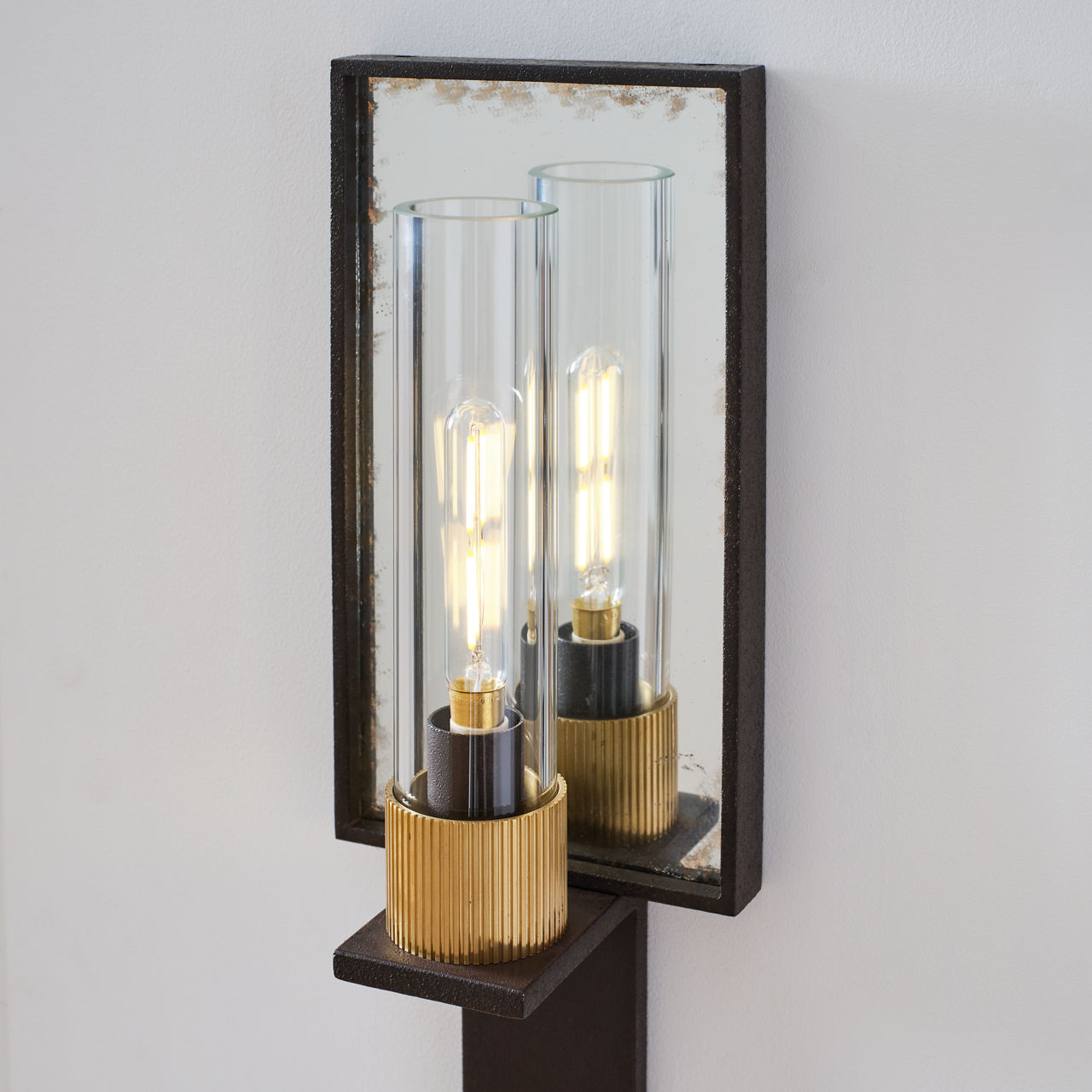 Beza Single Reflector Sconce | Warm Iron and Antique Mirror | Clear Glass