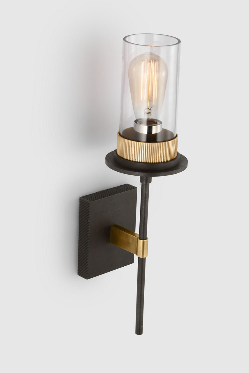 Beza Medium Tail Sconce | Warm Iron and Antique Brass | Clear Glass