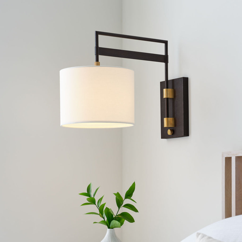 Gael Medium Articulating Wall Light | Warm Iron and Antique Brass | Linen Shade