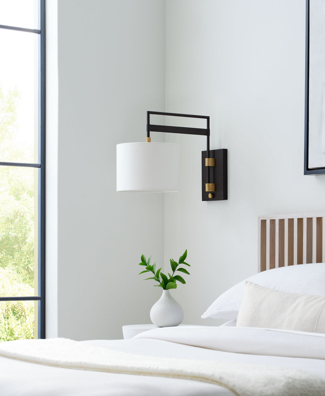 Gael Medium Articulating Wall Light | Warm Iron and Antique Brass | Linen Shade