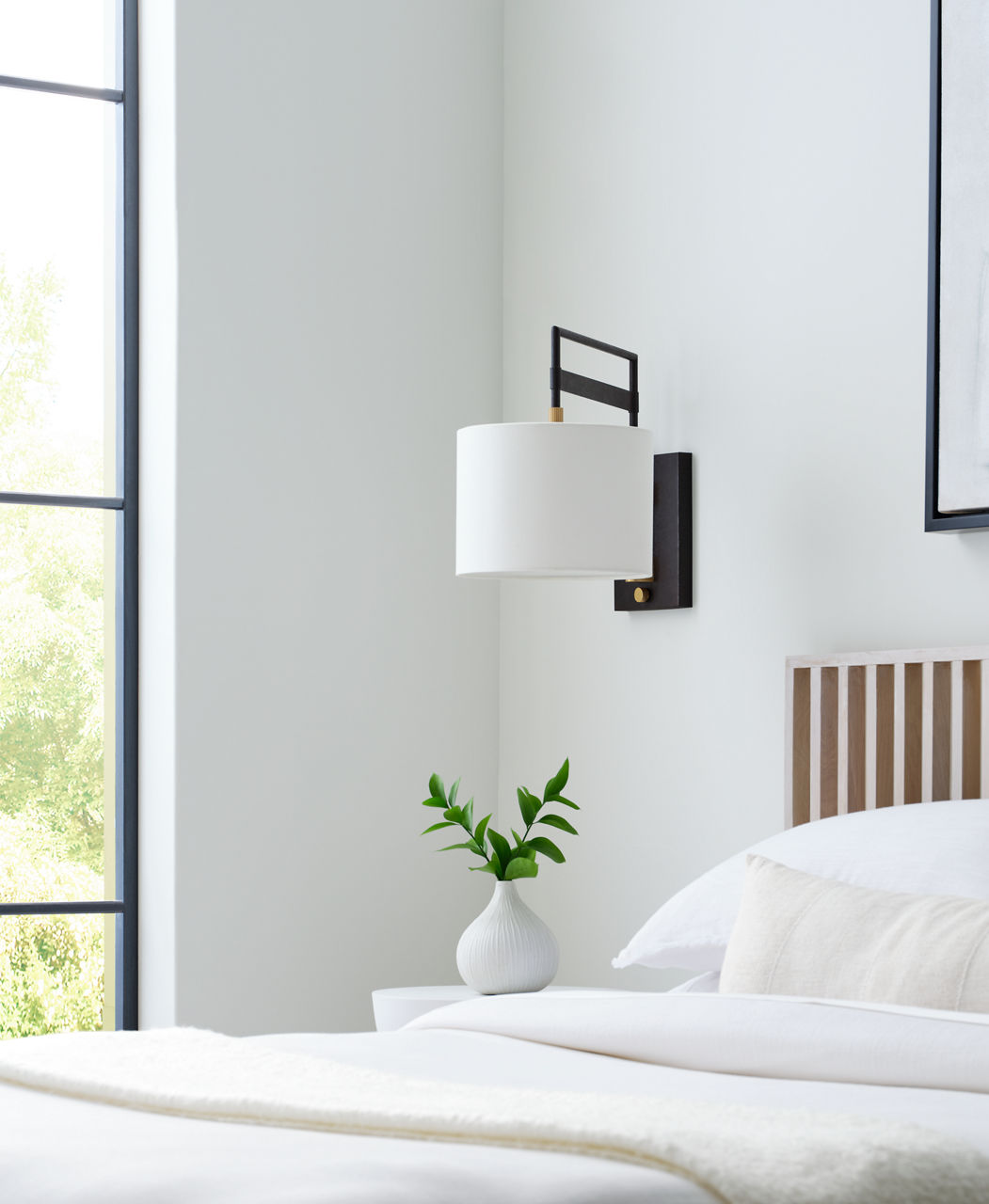 Gael Medium Articulating Wall Light | Warm Iron and Antique Brass | Linen Shade
