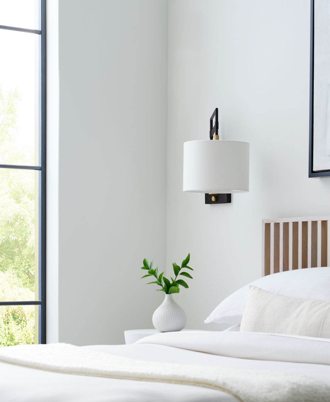Gael Medium Articulating Wall Light | Warm Iron and Antique Brass | Linen Shade