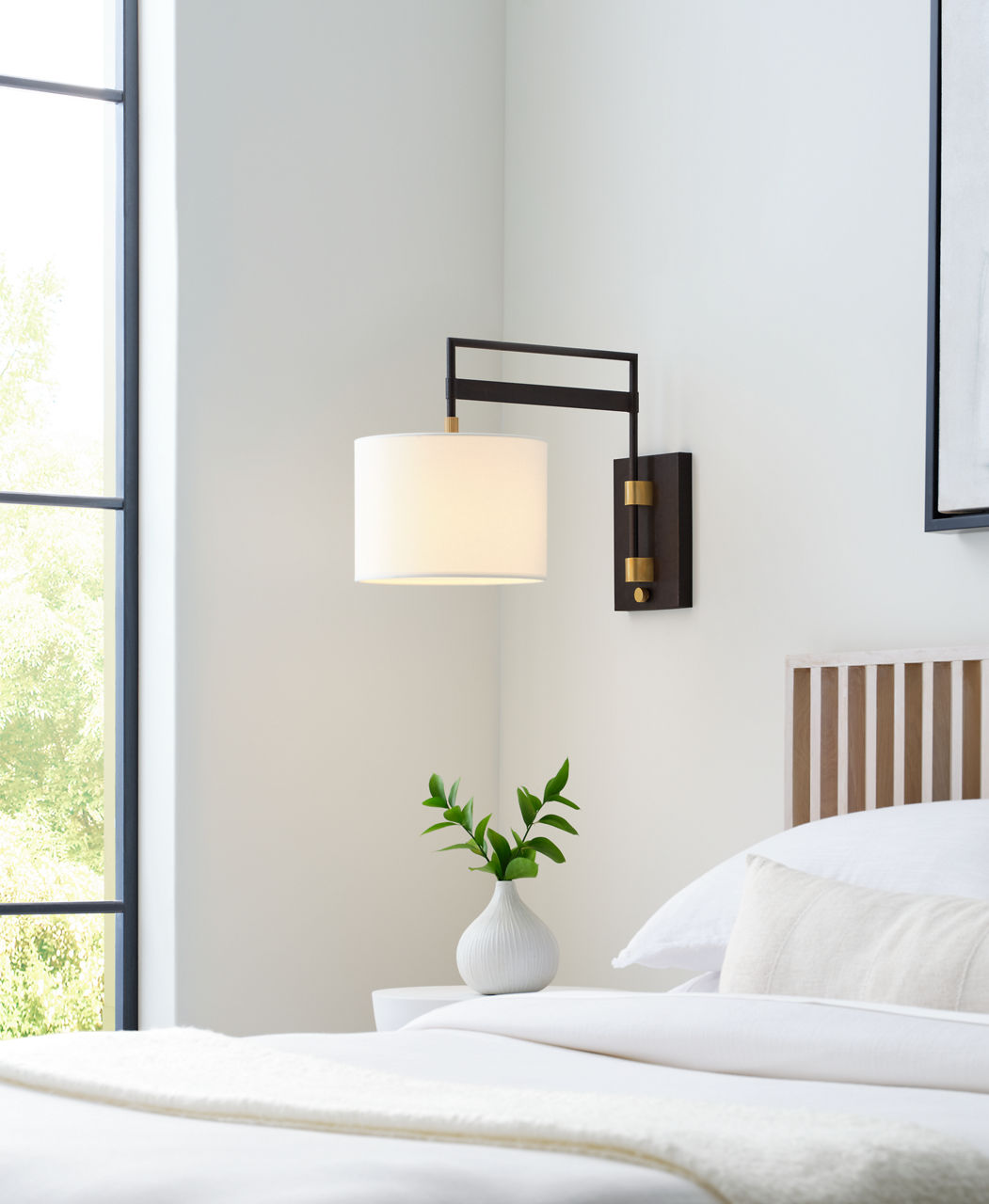 Gael Medium Articulating Wall Light | Warm Iron and Antique Brass | Linen Shade