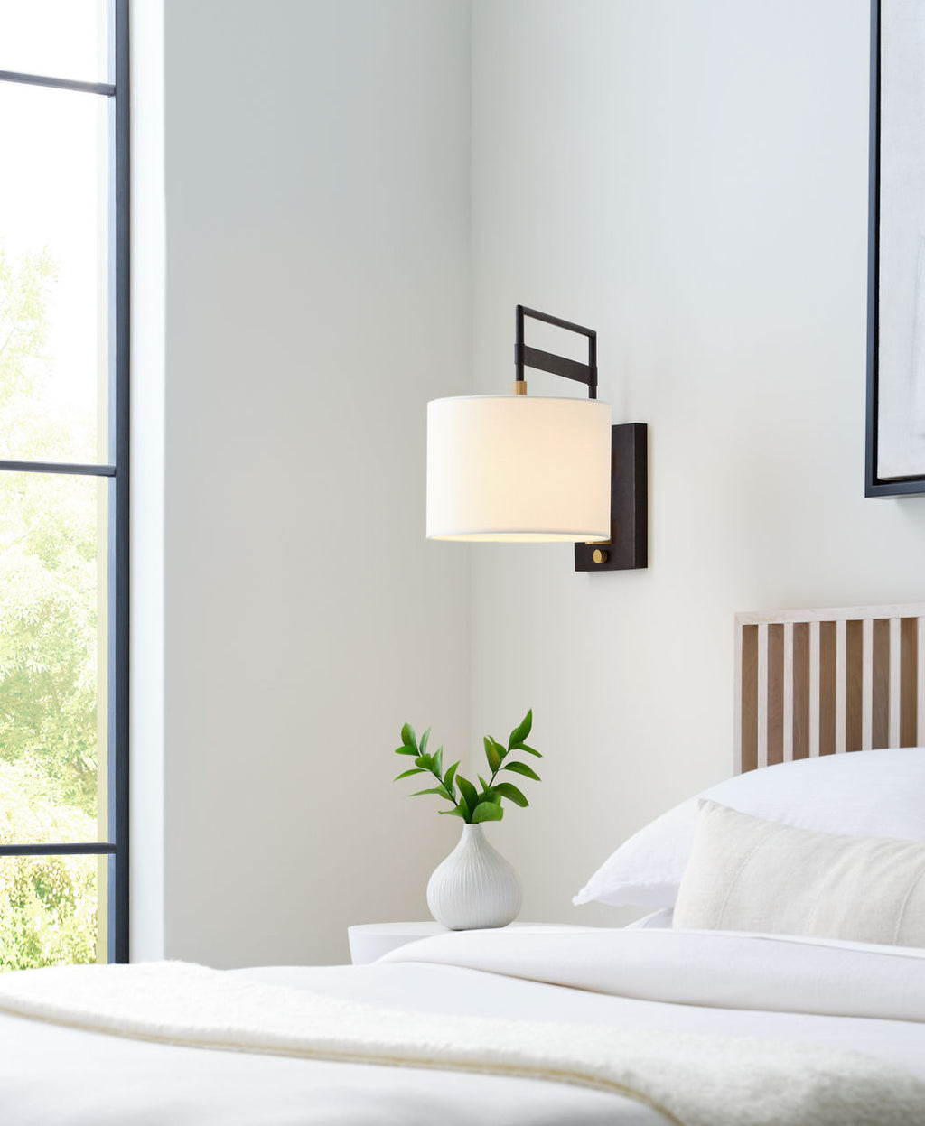 Gael Medium Articulating Wall Light | Warm Iron and Antique Brass | Linen Shade
