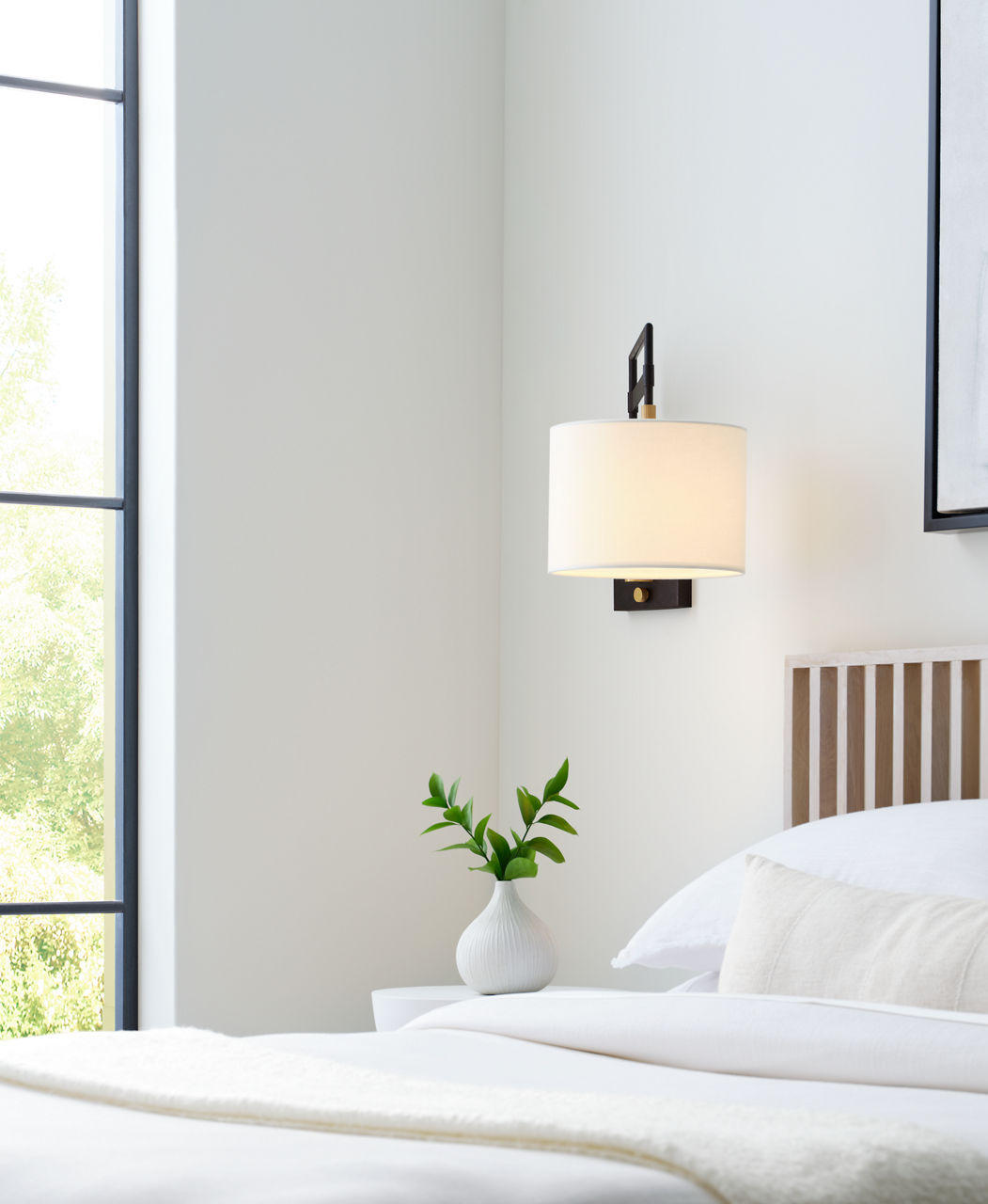 Gael Medium Articulating Wall Light | Warm Iron and Antique Brass | Linen Shade