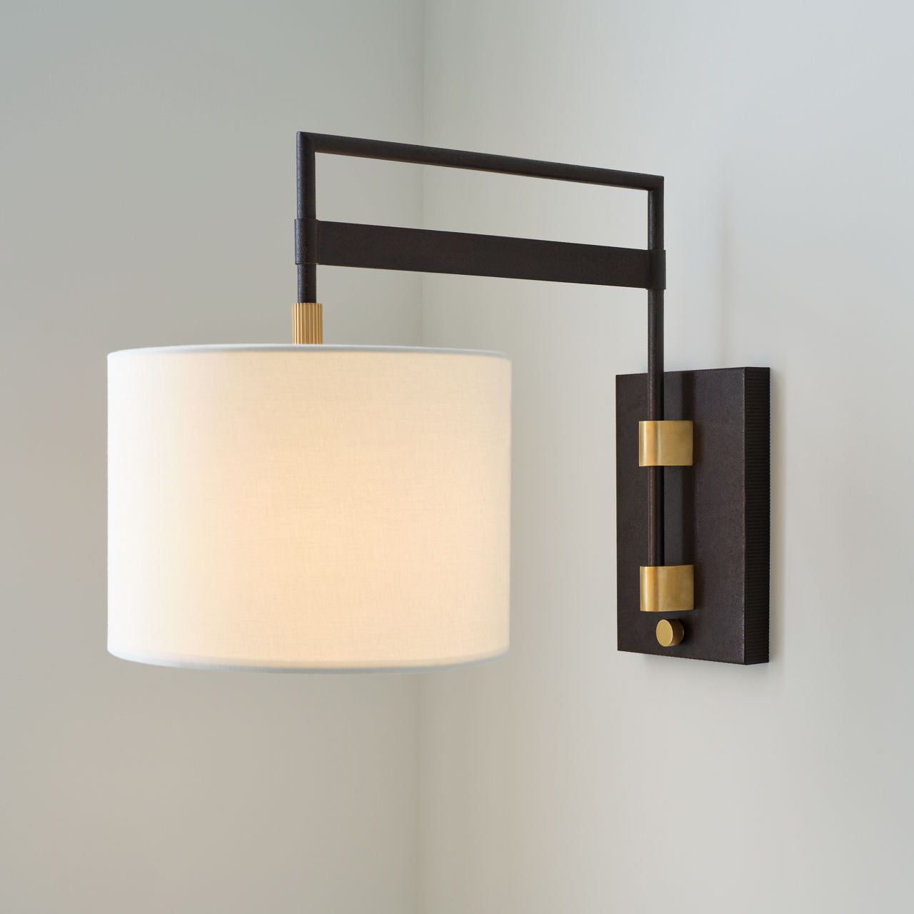 Gael Medium Articulating Wall Light | Warm Iron and Antique Brass | Linen Shade