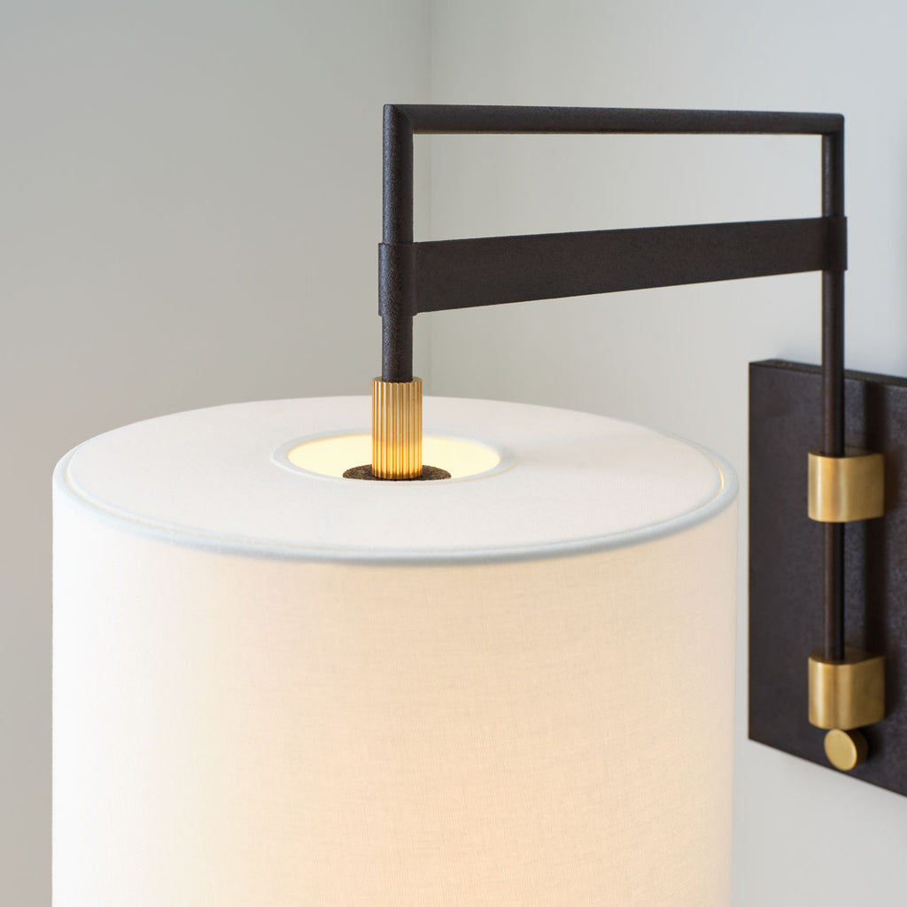 Gael Medium Articulating Wall Light | Warm Iron and Antique Brass | Linen Shade