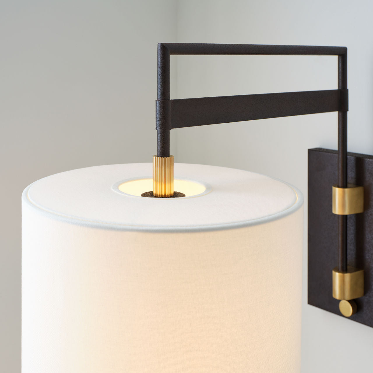 Gael Medium Articulating Wall Light | Warm Iron and Antique Brass | Linen Shade