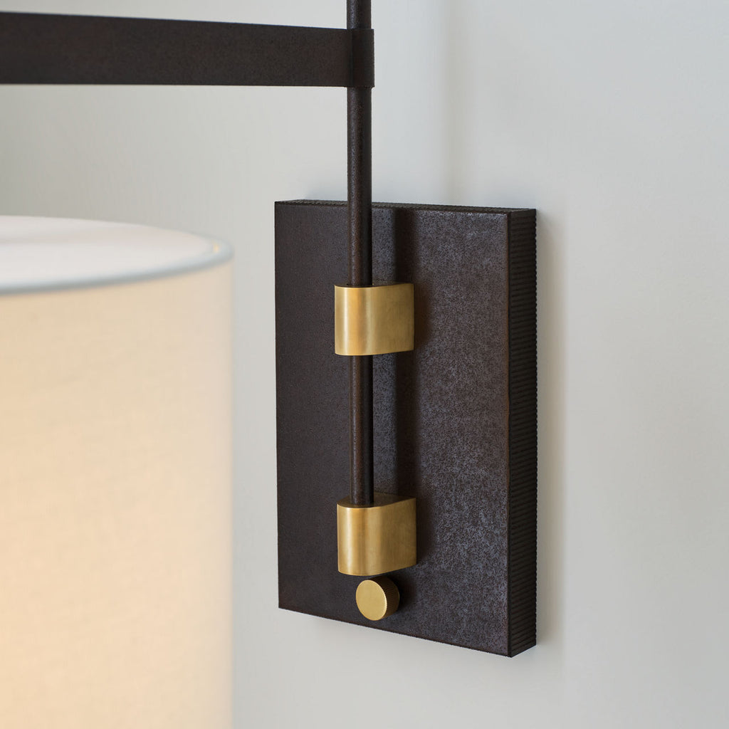 Gael Medium Articulating Wall Light | Warm Iron and Antique Brass | Linen Shade