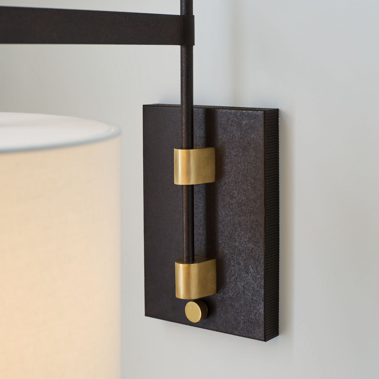 Gael Medium Articulating Wall Light | Warm Iron and Antique Brass | Linen Shade