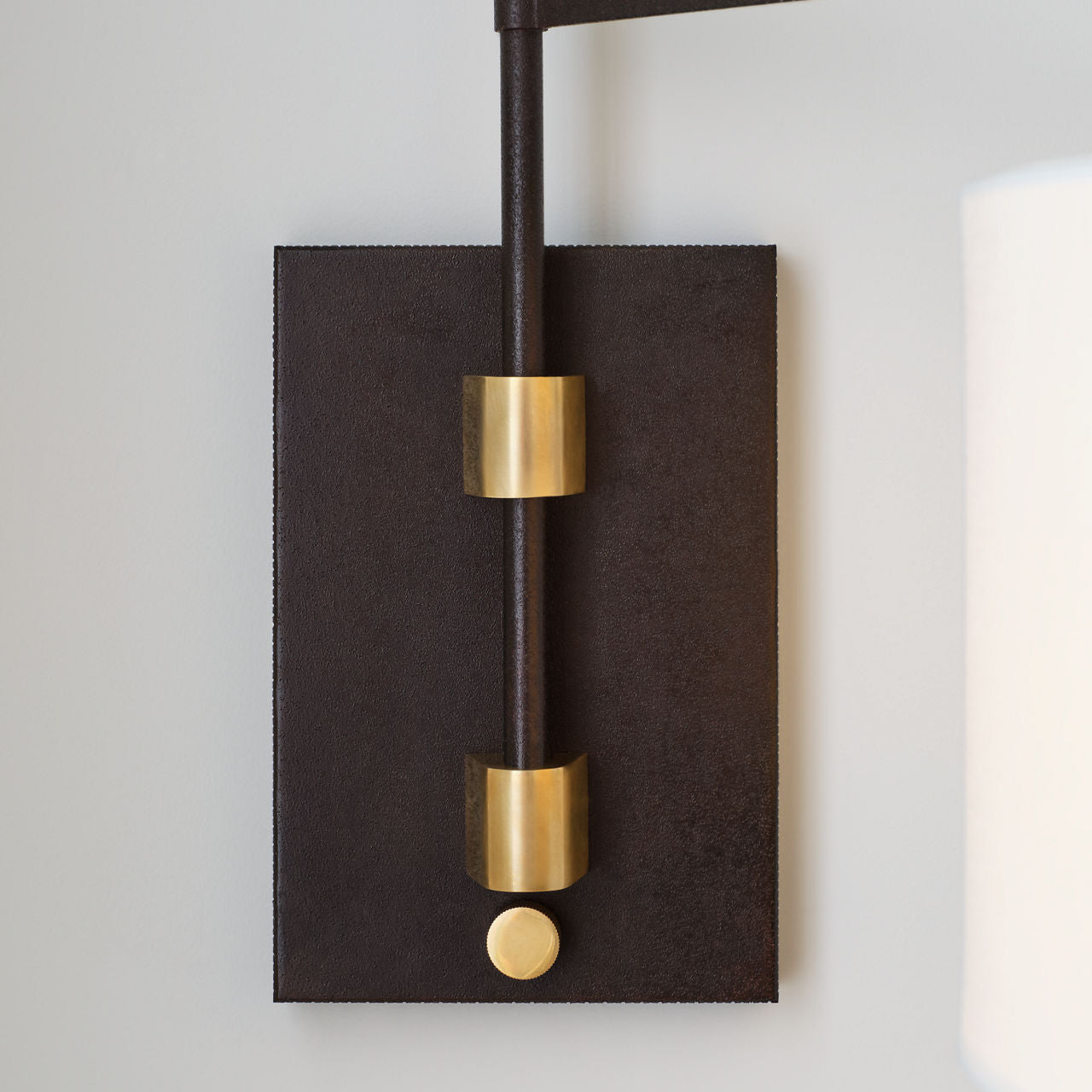 Gael Medium Articulating Wall Light | Warm Iron and Antique Brass | Linen Shade