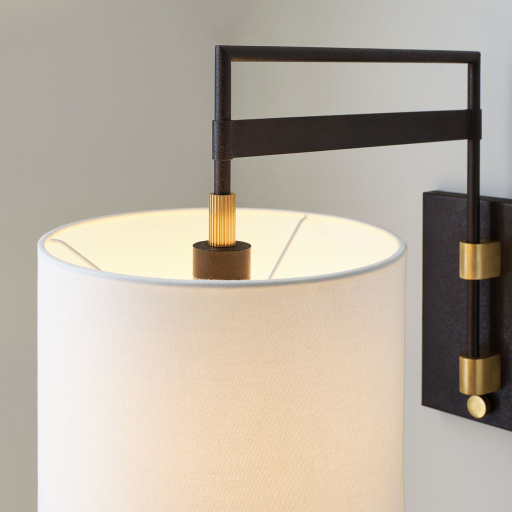 Gael Medium Articulating Wall Light | Warm Iron and Antique Brass | Linen Shade
