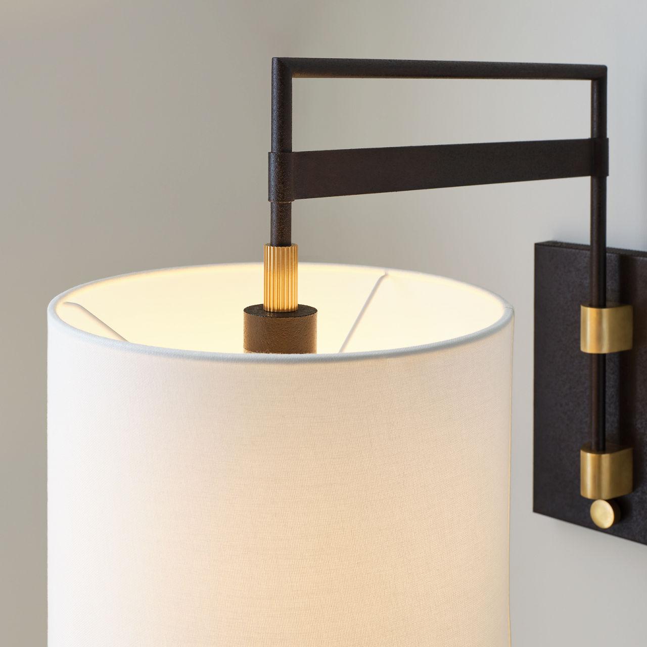 Gael Medium Articulating Wall Light | Warm Iron and Antique Brass | Linen Shade