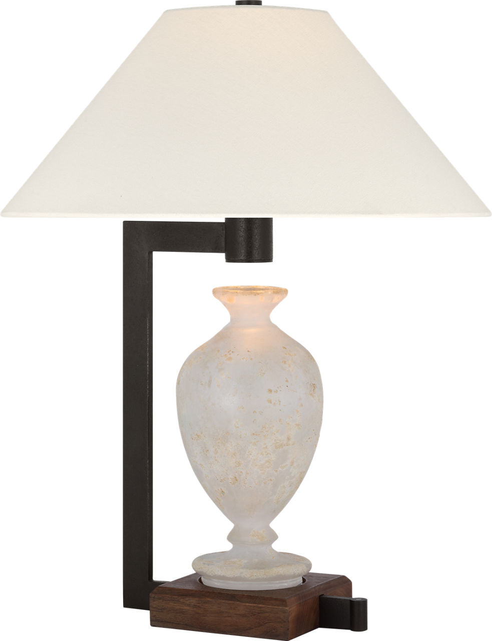 Phial Large Display Form Table Lamp | Etruscan Glass and Warm Iron and Dark Walnut | Linen Shade