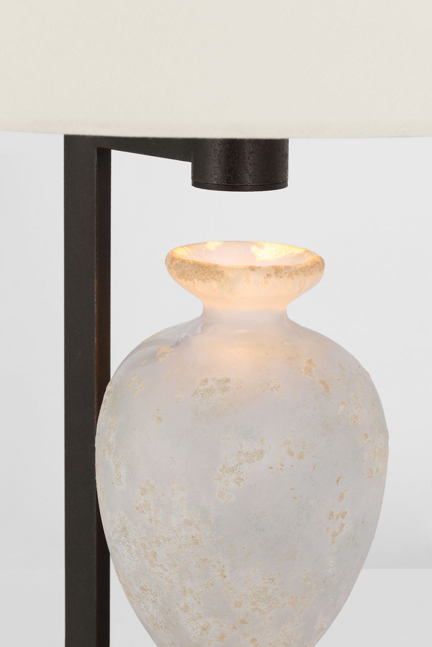 Phial Large Display Form Table Lamp | Etruscan Glass and Warm Iron and Dark Walnut | Linen Shade