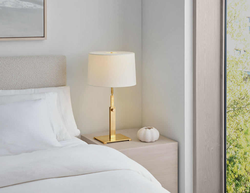 Cadmus Large Adjustable Table Lamp | Antique Brass | Linen Shade