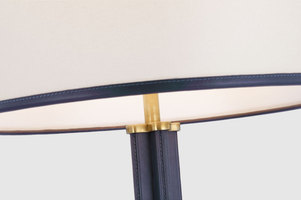 Riley Large Floor Lamp | Natural Brass and Navy | Leather Trimmed Linen Shade