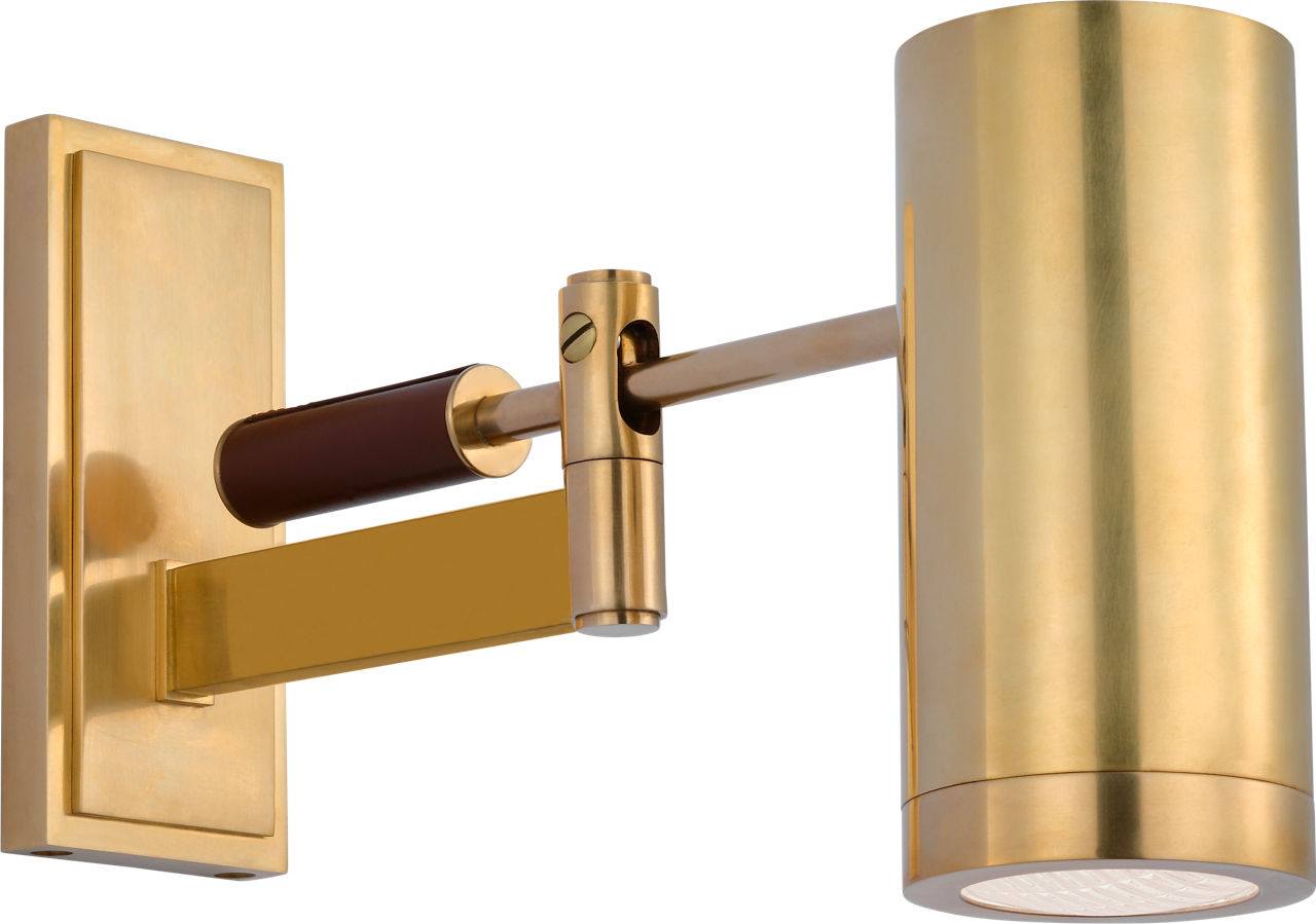 Grant 8" Articulating Wall Light | Natural Brass and Saddle Leather | Industrial Prismatic Glass