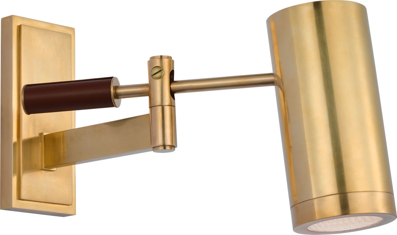 Grant 8" Articulating Wall Light | Natural Brass and Saddle Leather | Industrial Prismatic Glass