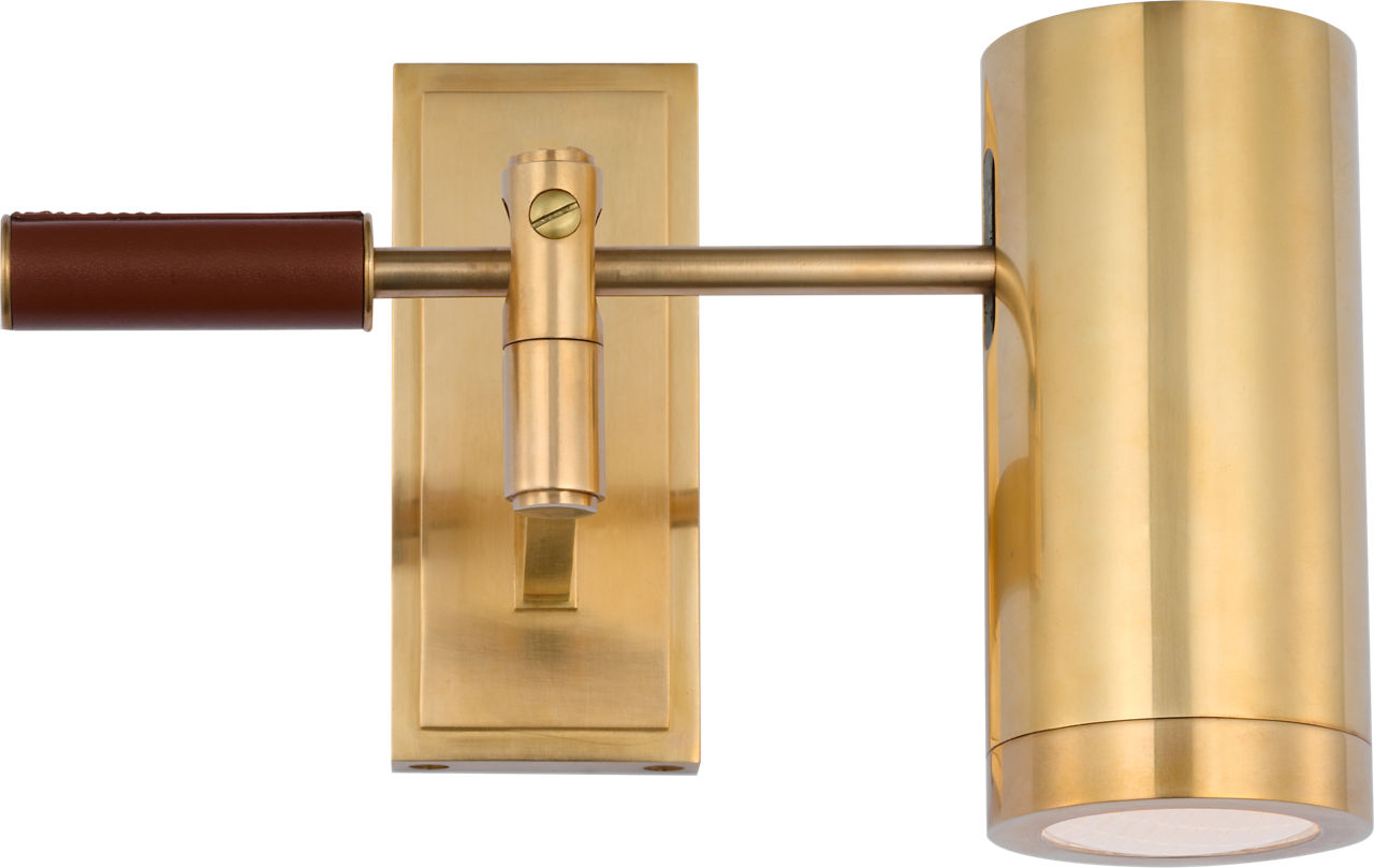 Grant 8" Articulating Wall Light | Natural Brass and Saddle Leather | Industrial Prismatic Glass