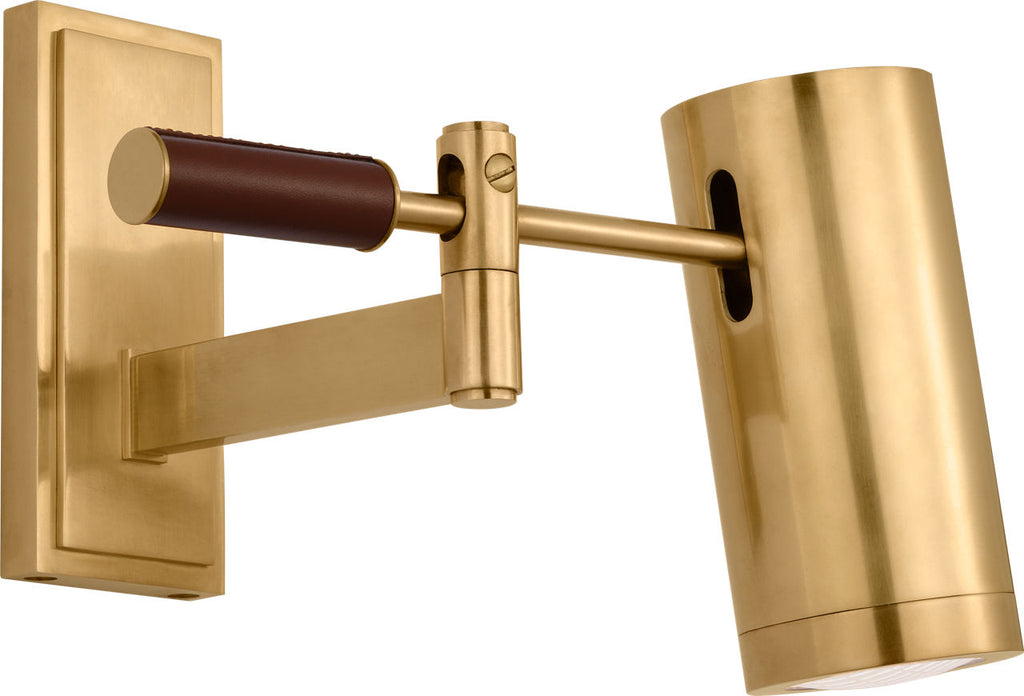 Grant 8" Articulating Wall Light | Natural Brass and Saddle Leather | Industrial Prismatic Glass