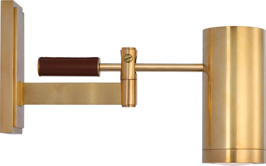 Grant 8" Articulating Wall Light | Natural Brass and Saddle Leather | Industrial Prismatic Glass