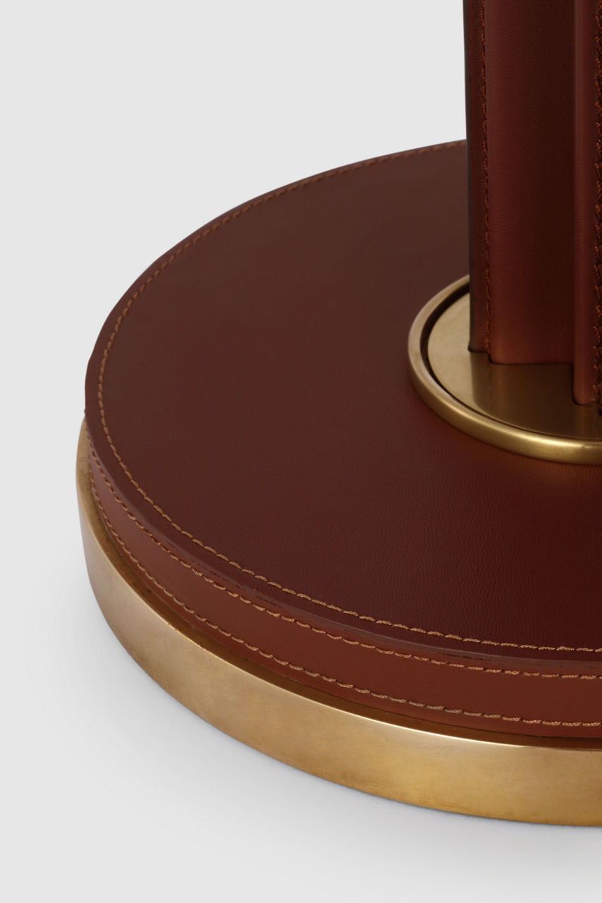 Riley Medium Table Lamp | Natural Brass and Saddle Leather | Leather Trimmed Linen Shade