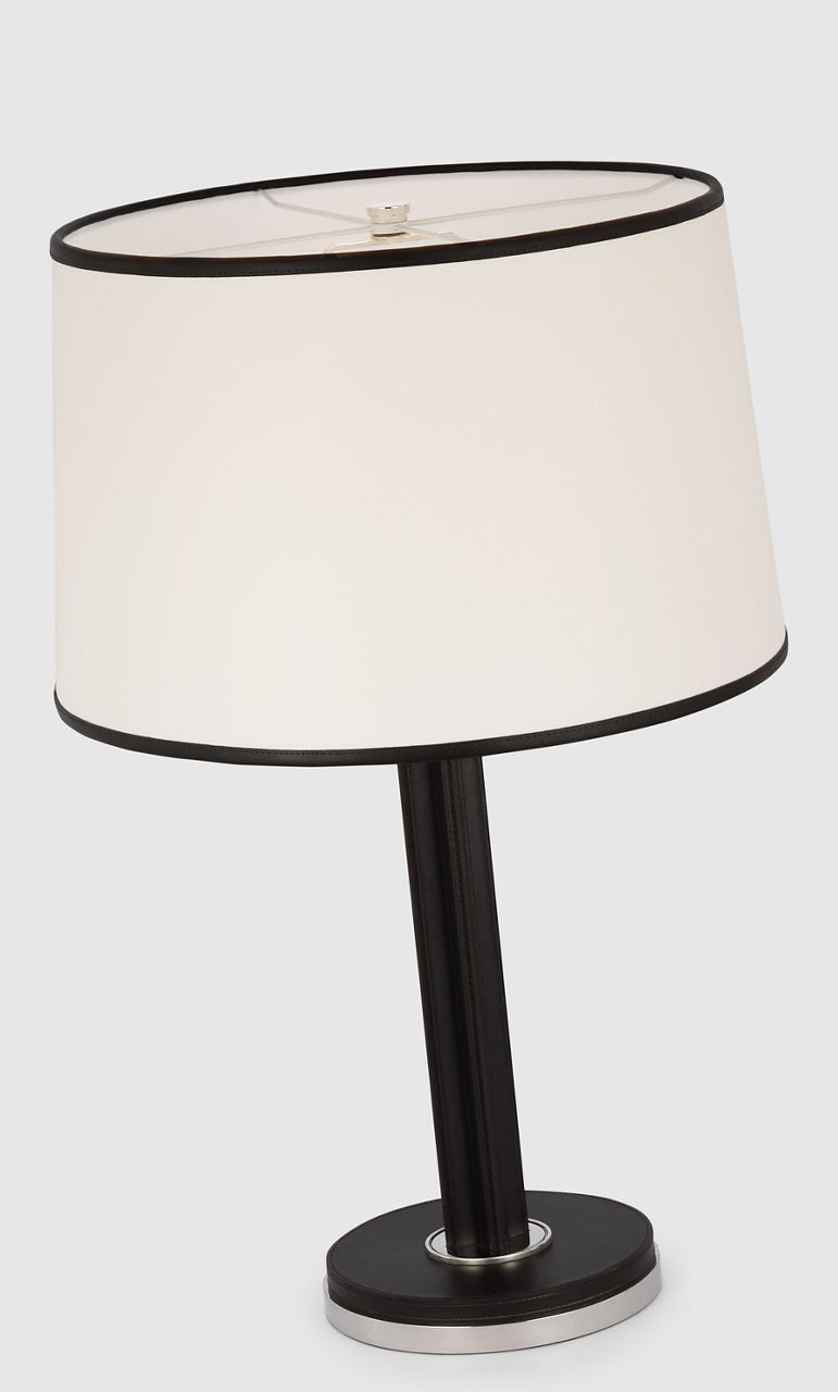 Riley Medium Table Lamp | Polished Nickel and Chocolate Leather | Leather Trimmed Linen Shade
