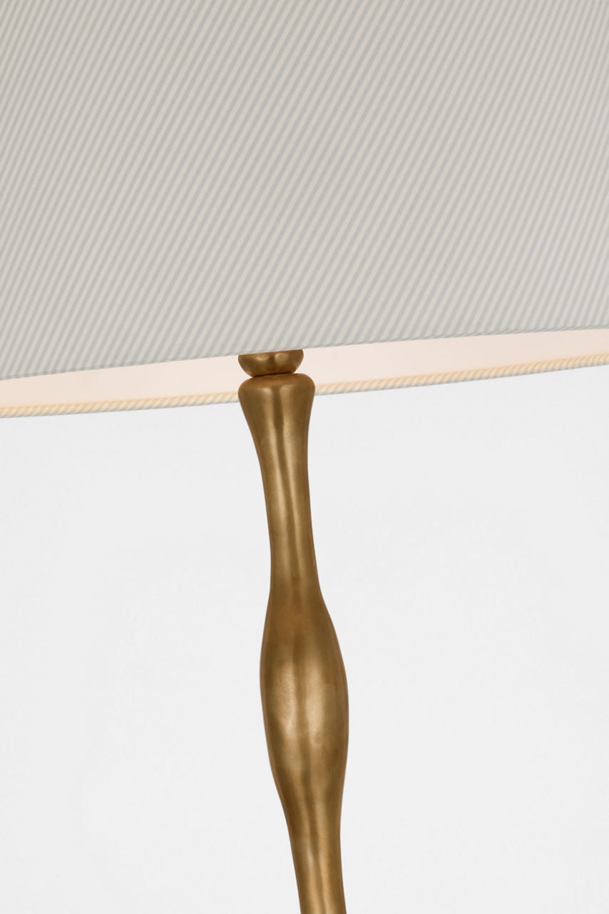 Romero Medium Floor Lamp | Hand-Rubbed Antique Brass | Schumacher 18" Blue Charee Stripe Empire Shade