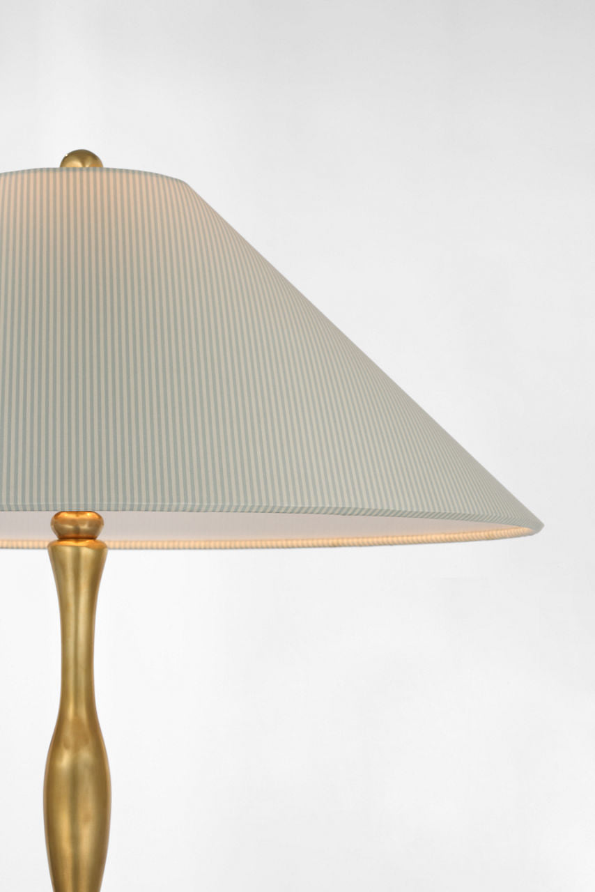 Romero Medium Floor Lamp | Hand-Rubbed Antique Brass | Schumacher 21" Blue Charee Stripe Flare Shade