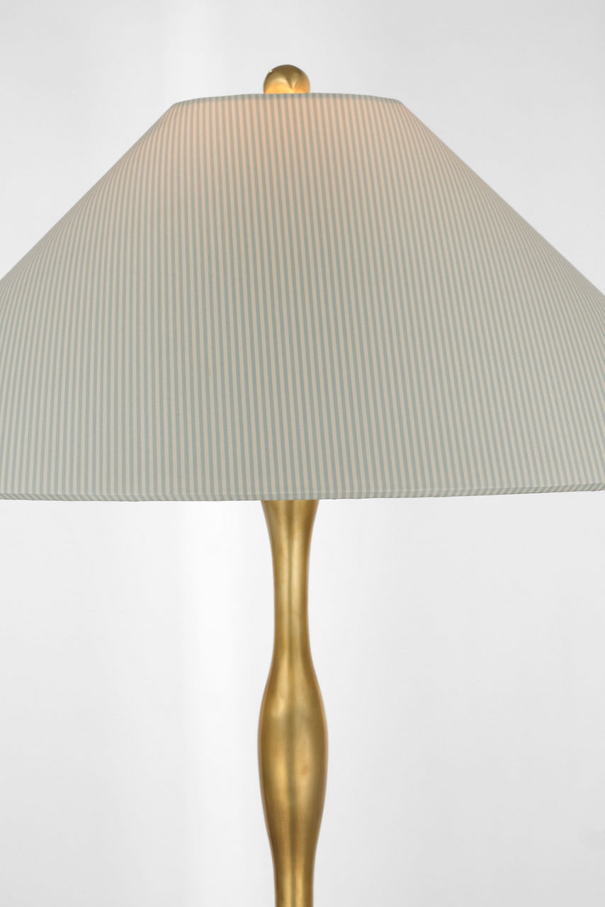 Romero Medium Floor Lamp | Hand-Rubbed Antique Brass | Schumacher 21" Blue Charee Stripe Flare Shade