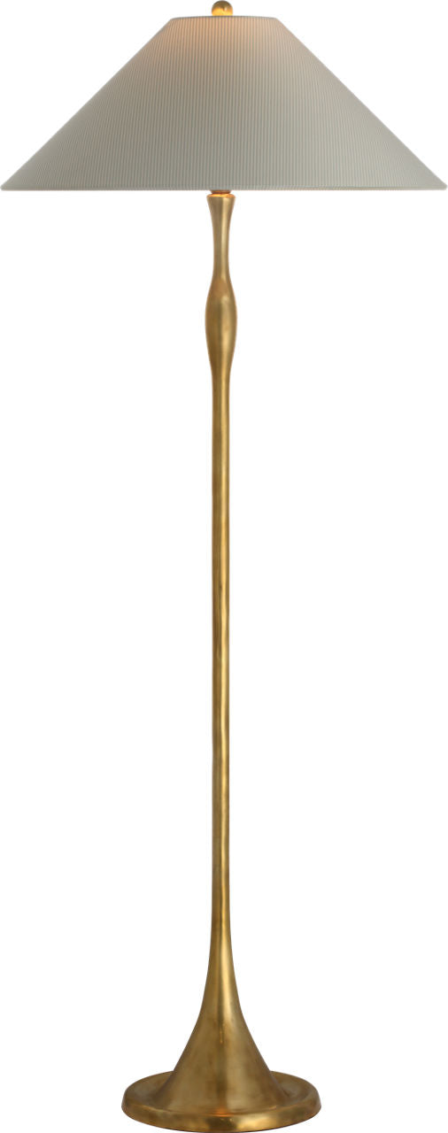 Romero Medium Floor Lamp | Hand-Rubbed Antique Brass | Schumacher 21" Blue Charee Stripe Flare Shade