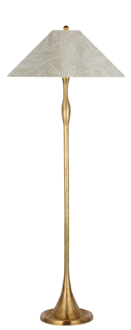 Romero Medium Floor Lamp | Hand-Rubbed Antique Brass | Schumacher 21" Taupe Abstract Leaf Flare Shade