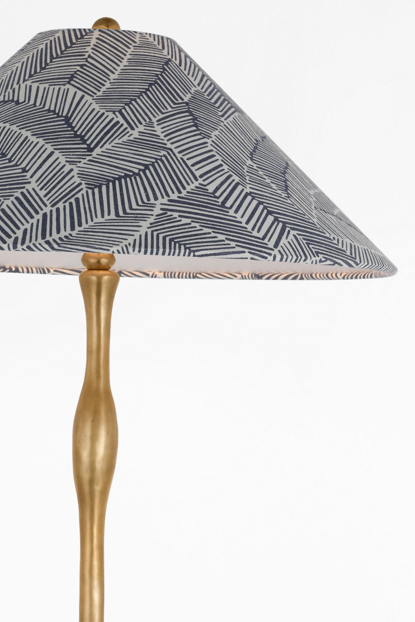 Romero Medium Floor Lamp | Hand-Rubbed Antique Brass | Schumacher 21" Navy Abstract Leaf Flare Shade