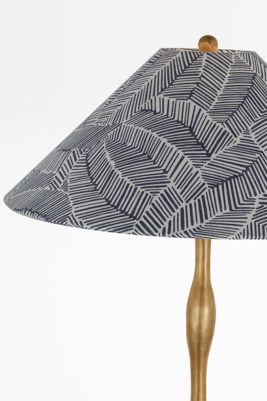 Romero Medium Floor Lamp | Hand-Rubbed Antique Brass | Schumacher 21" Navy Abstract Leaf Flare Shade