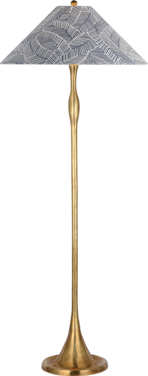 Romero Medium Floor Lamp | Hand-Rubbed Antique Brass | Schumacher 21" Navy Abstract Leaf Flare Shade