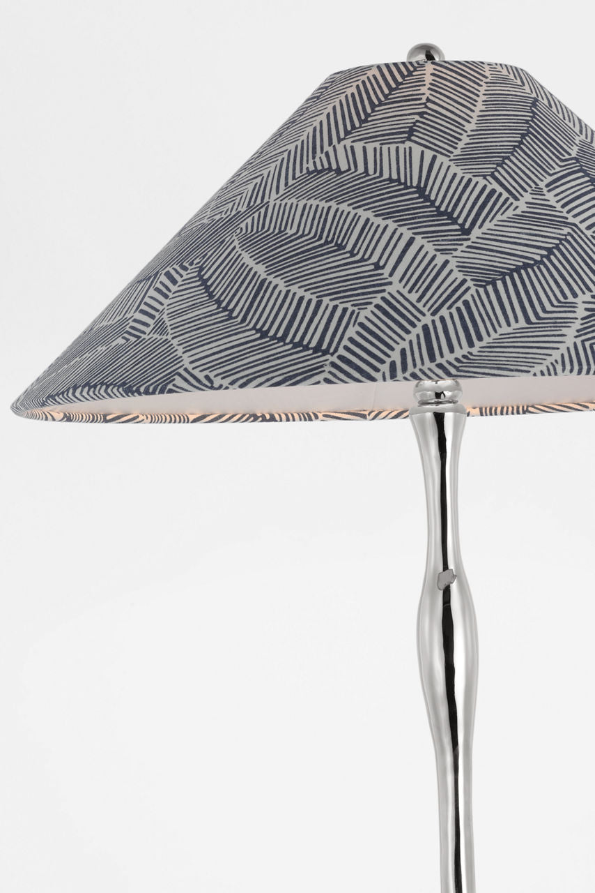 Romero Medium Floor Lamp | Polished Nickel | Schumacher 21" Navy Abstract Leaf Flare Shade