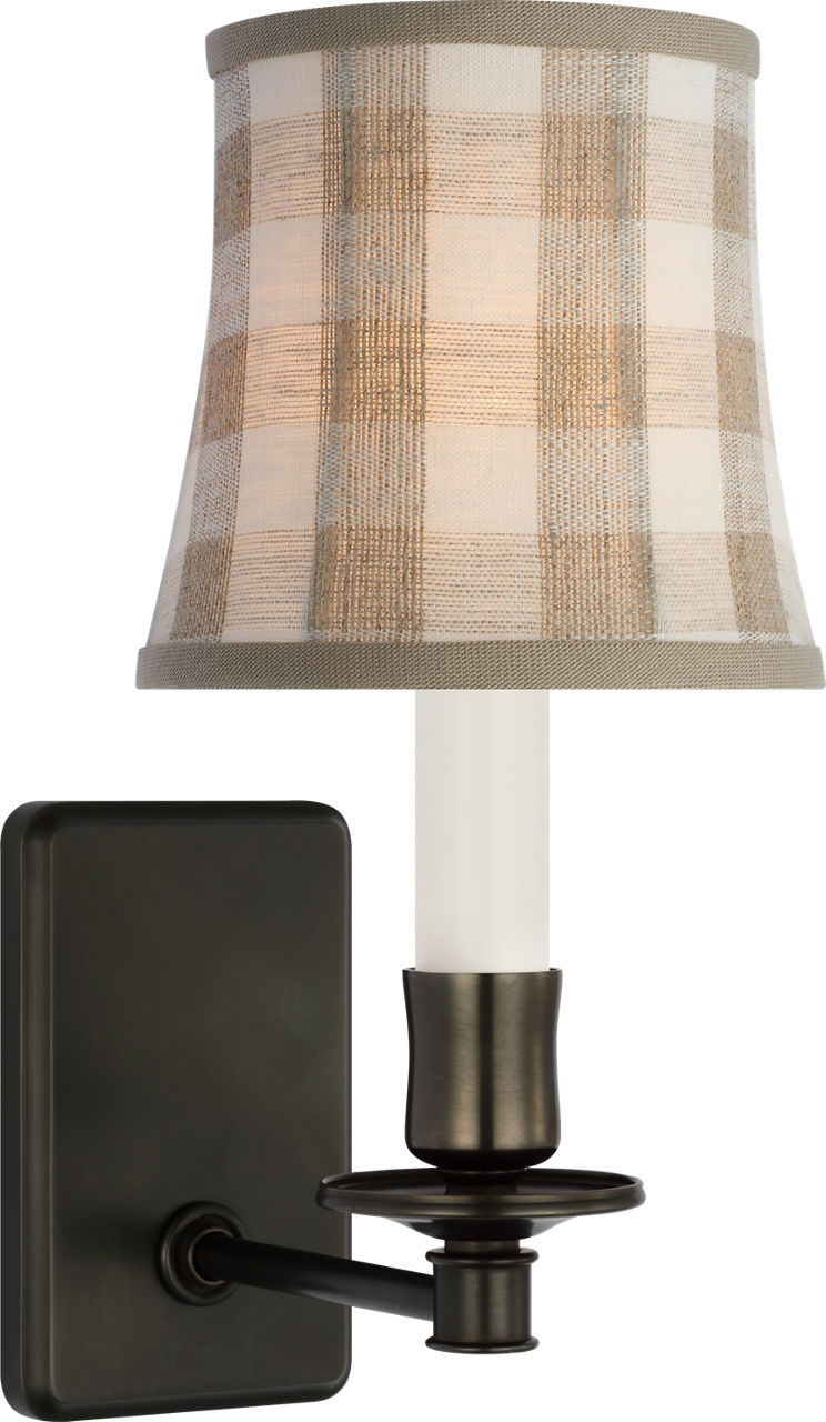 Tara 12" Sconce | Bronze | Schumacher Natural Sidney Check Soft Empire Shade