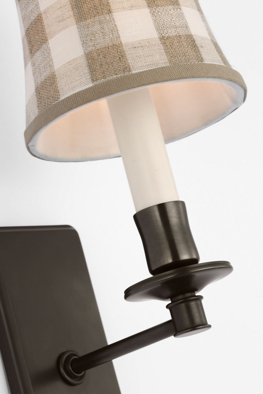 Tara 12" Sconce | Bronze | Schumacher Natural Sidney Check Soft Empire Shade