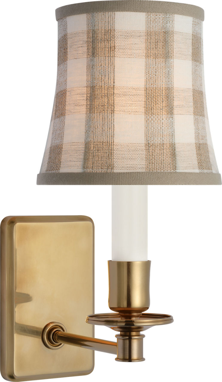 Tara 12" Sconce | Hand-Rubbed Antique Brass | Schumacher Natural Sidney Check Soft Empire Shade