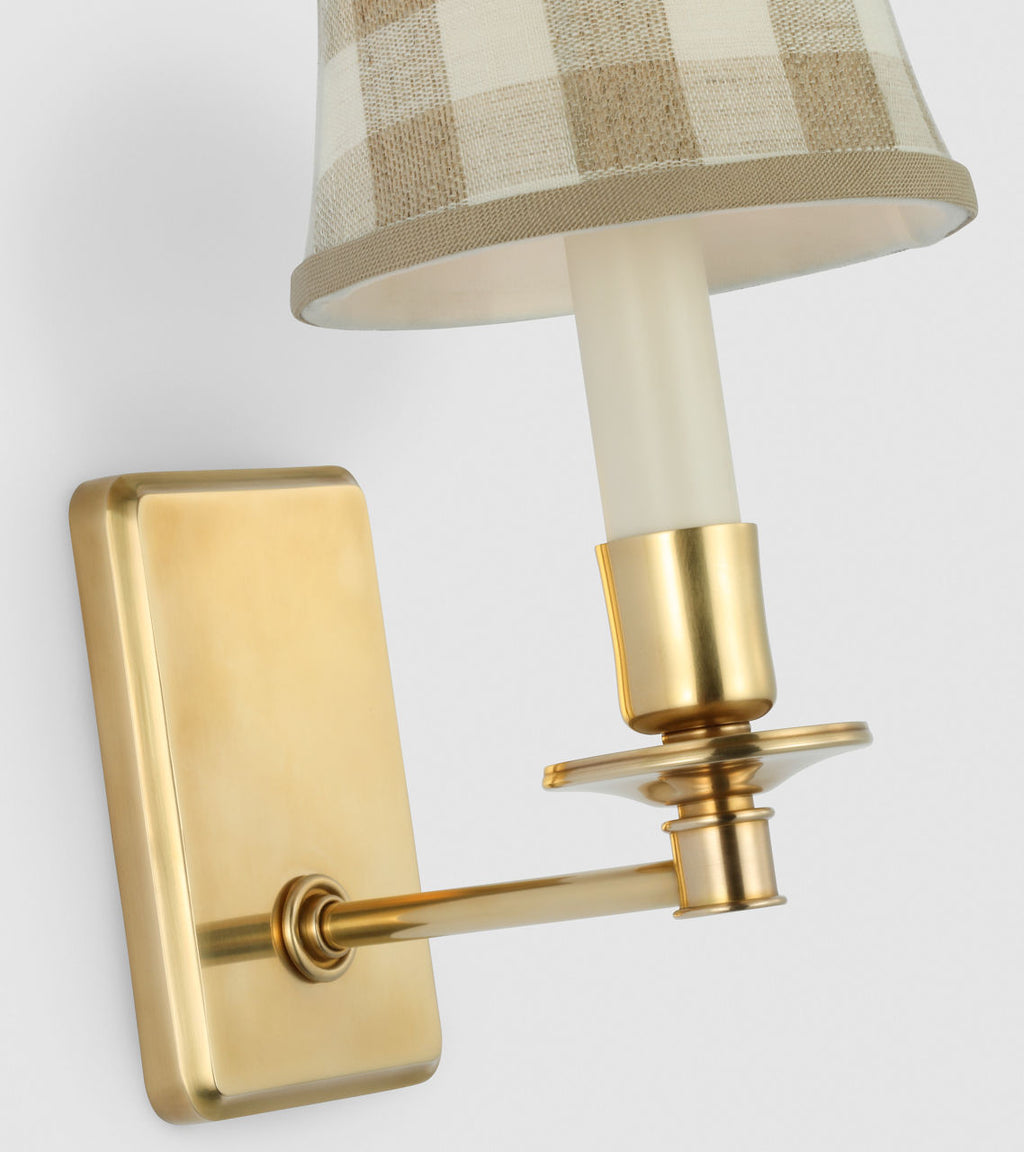 Tara 12" Sconce | Hand-Rubbed Antique Brass | Schumacher Natural Sidney Check Soft Empire Shade