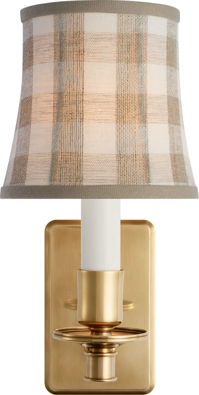 Tara 12" Sconce | Hand-Rubbed Antique Brass | Schumacher Natural Sidney Check Soft Empire Shade