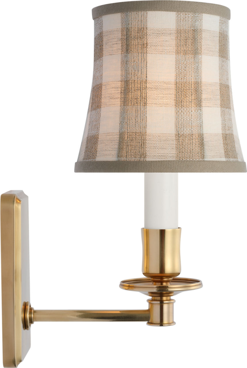 Tara 12" Sconce | Hand-Rubbed Antique Brass | Schumacher Natural Sidney Check Soft Empire Shade
