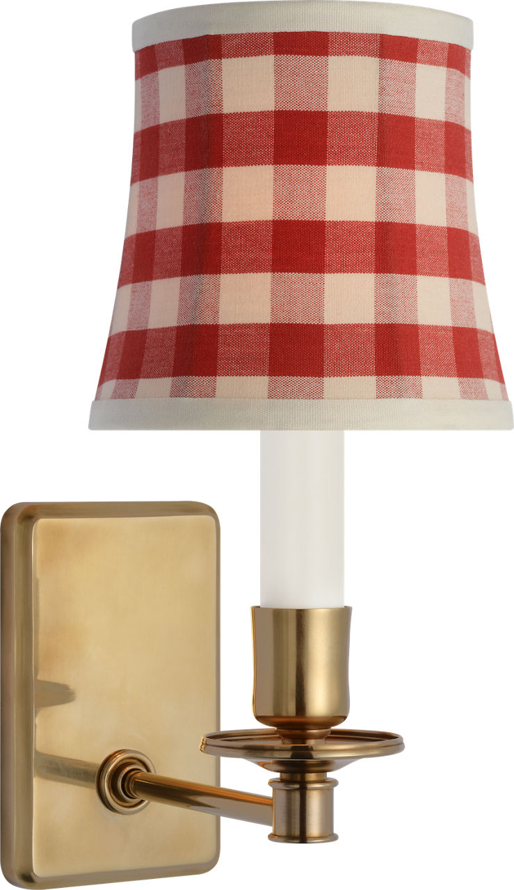 Tara 12" Sconce | Hand-Rubbed Antique Brass | Schumacher Red Elton Check Soft Empire Shade
