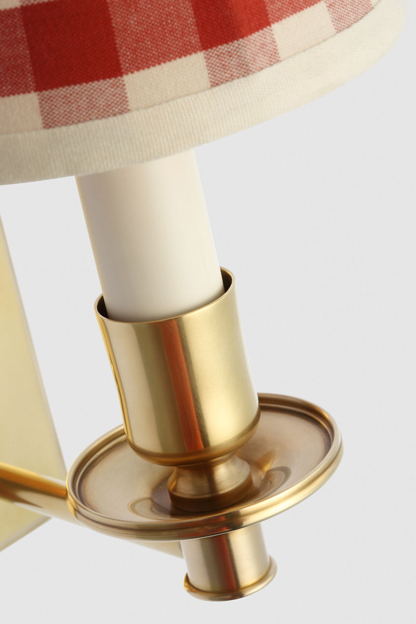 Tara 12" Sconce | Hand-Rubbed Antique Brass | Schumacher Red Elton Check Soft Empire Shade